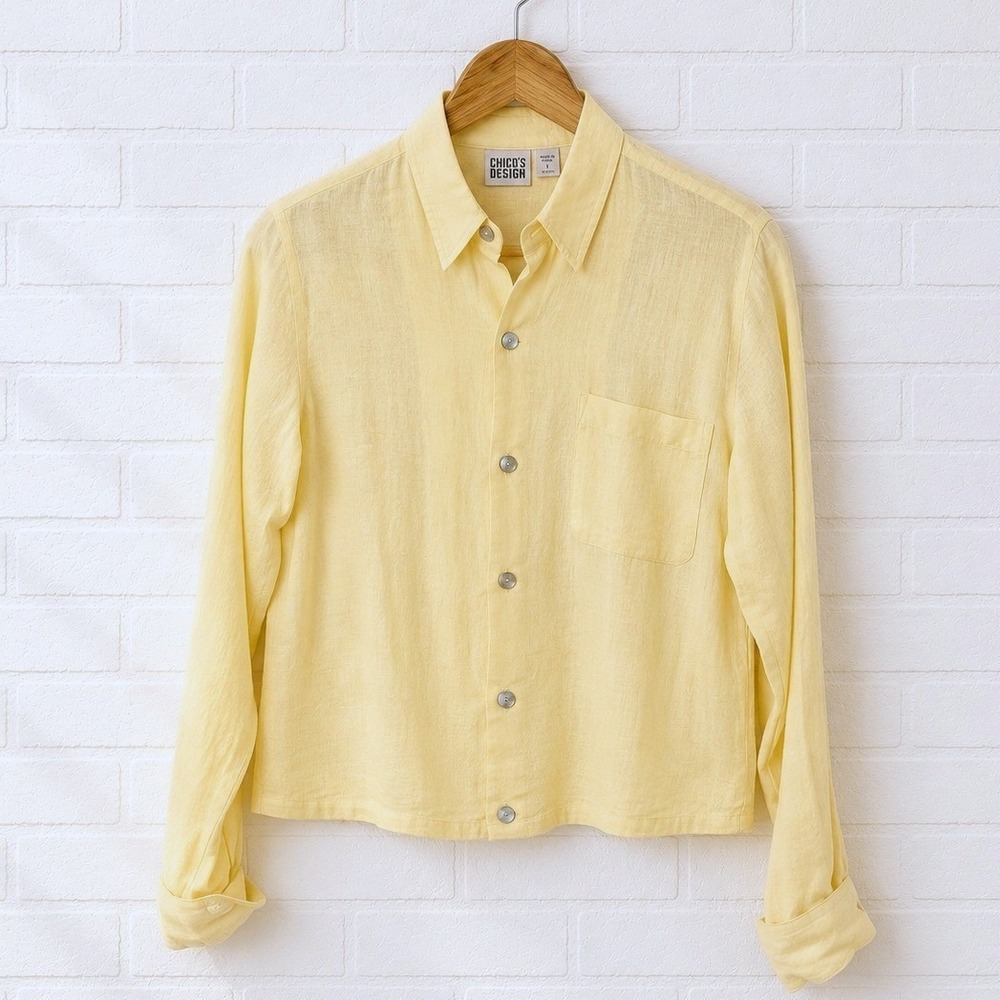 Chicos Linen Yellow Button Shirt Size 0 Small Coastal Minimalist Preppy Classic